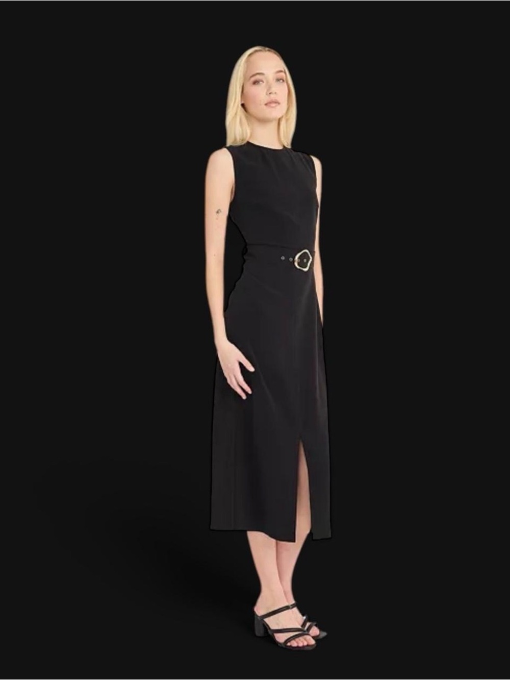 Luxely Woman’s Belted Boat-Neck Sleeveless Midi Dress in White Smoke